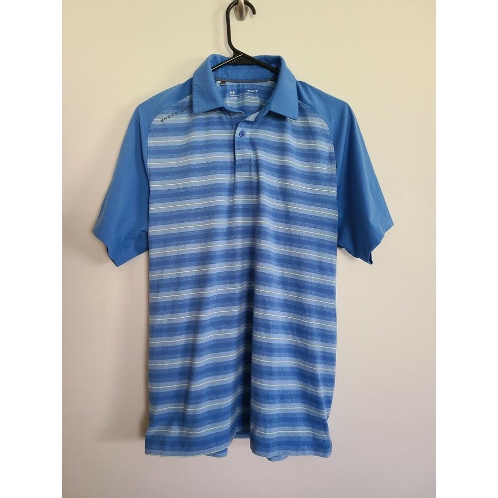 Under Armour Loose Heatgear Blue Yellow Striped Mens Polo Shirt Size Medium M